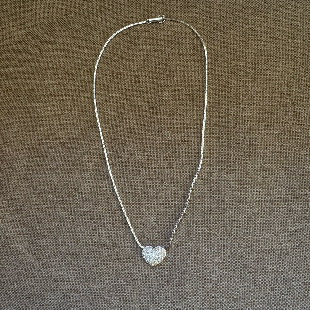 Swarovski Pavé Crystal Puffy Heart Pendant Silver tone Necklace 16"